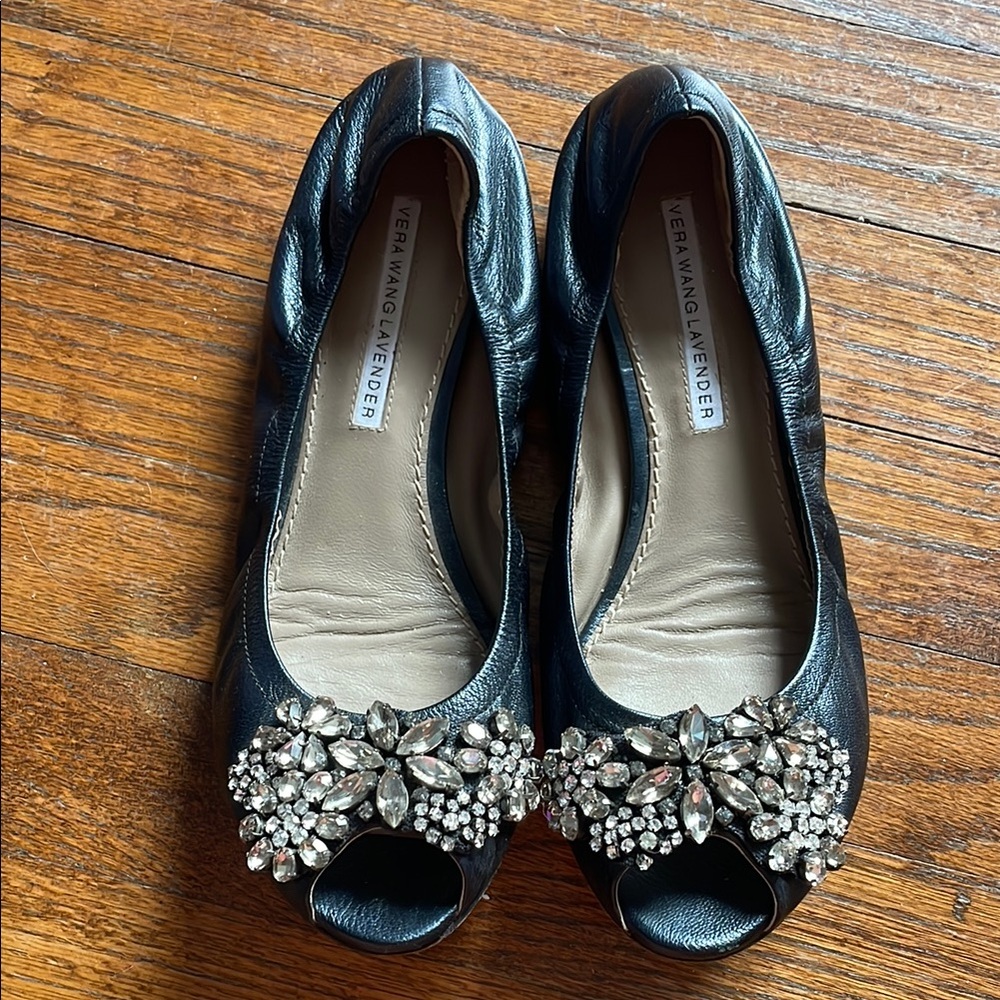 Vera Wang Lavender Navy Crystal Embellished Peep-Toe Flats